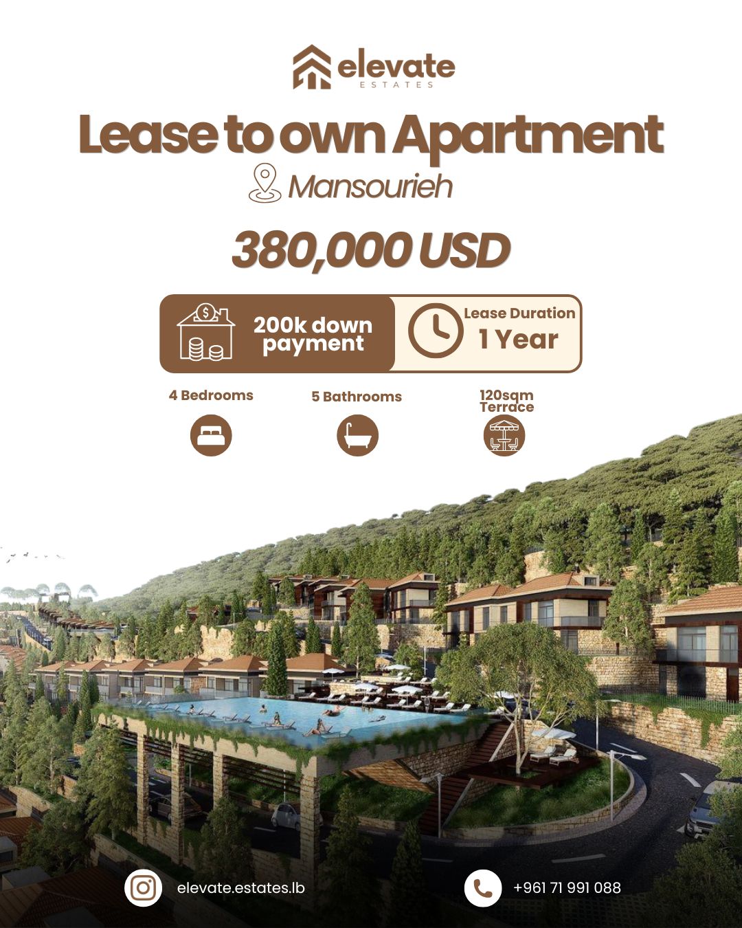4BR Lease-to-Own Apartment in Mansourieh: 260 sqm Interior with 120 sqm Private Terrace – For Sale | شقة ٤ غرف نوم للإيجار المنتهي بالتملك في المنصورية: مساحة ٢٦٠ م٢ مع تراس ١٢٠ م٢ – للبيع
