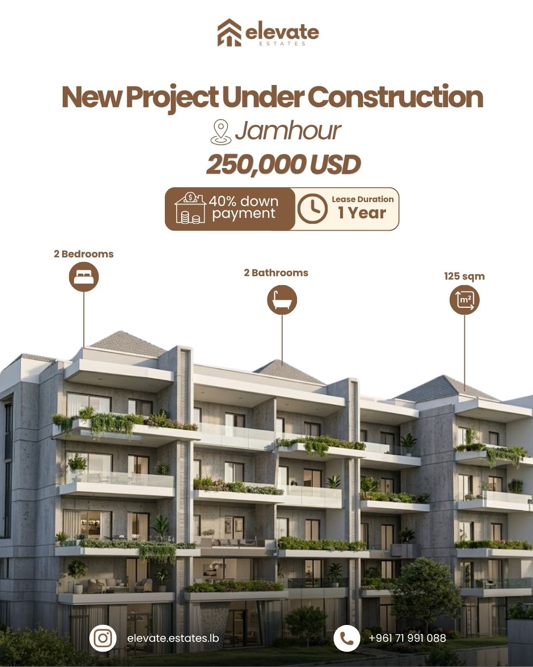 2BR Apartment in Jamhour: 125 sqm Under-Construction Unit with Lease-to-Own Option – For Sale | شقة غرفتين نوم في الجمهور: مساحة ١٢٥ م٢ قيد الإنشاء مع خيار الإيجار المنتهي بالتملك – للبيع