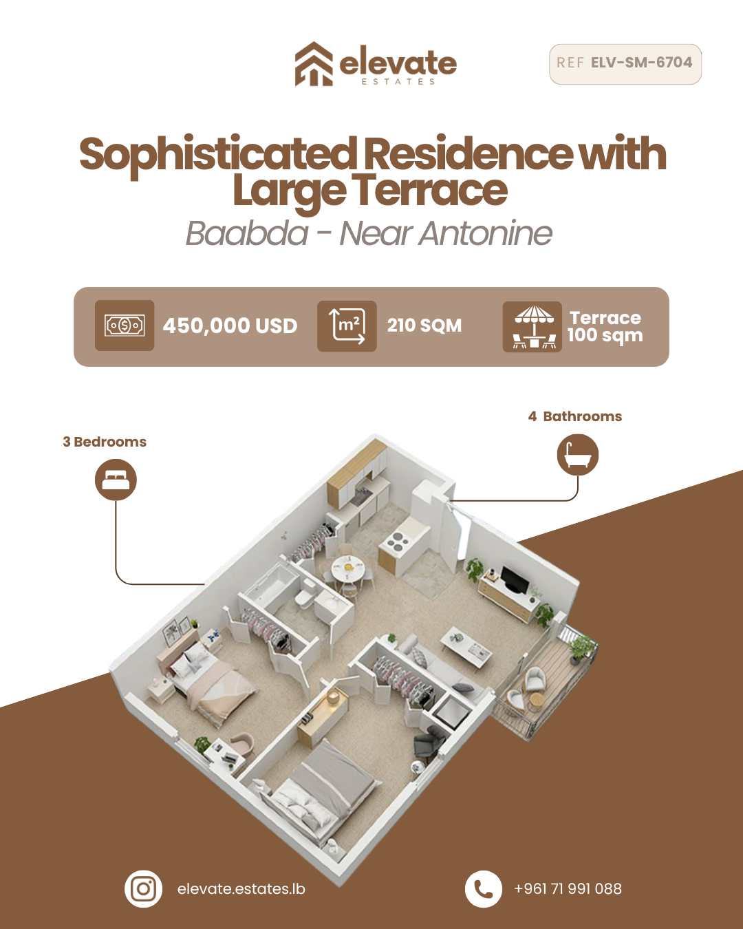 3BR Apartment in Baabda: 210 sqm Living Space with Massive 100 sqm Terrace – For Sale | شقة ٣ غرف نوم في بعبدا: مساحة ٢١٠ م٢ مع تراس كبير ١٠٠ م٢ – للبيع